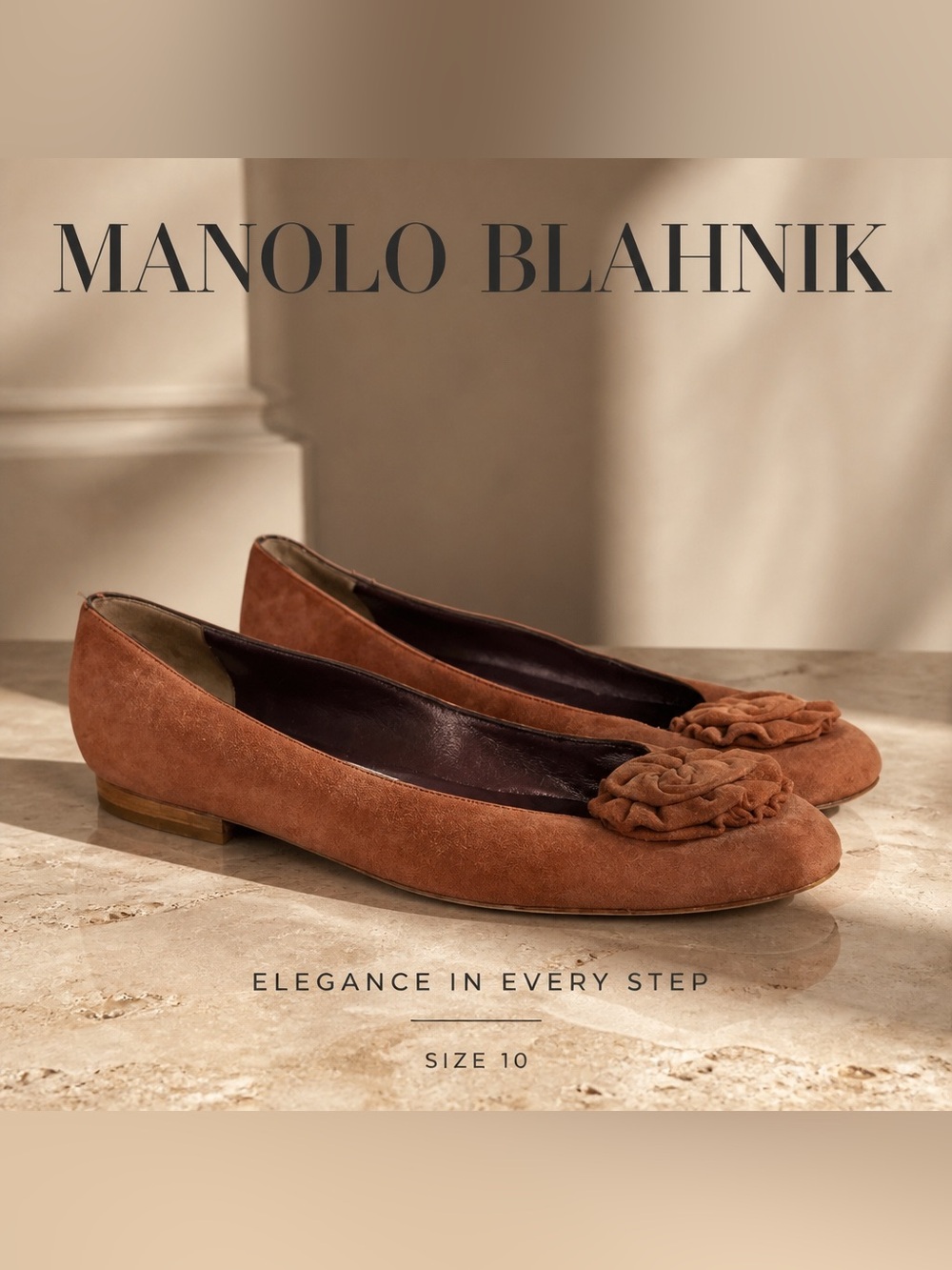 Manolo Blahnik Rust Brown Suede fabric rose ballet Flats size 10 (40)